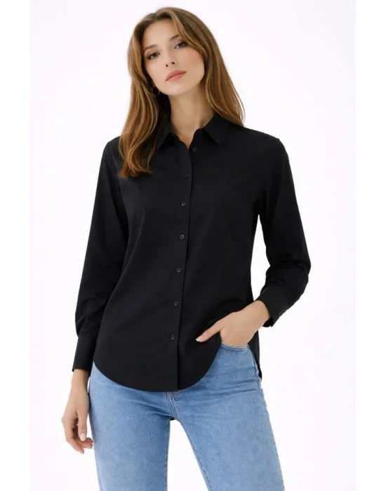Uzun Kollu Gömlek Düğmeli Klasik Yaka Günlük Ve Ofis Şıklığına Uygun - Siyah