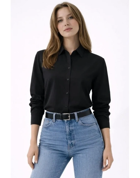 Uzun Kollu Gömlek Düğmeli Klasik Yaka Günlük Ve Ofis Şıklığına Uygun - Siyah