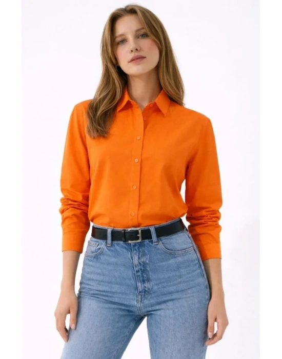 Uzun Kollu Gömlek Düğmeli Klasik Yaka Günlük Ve Ofis Şıklığına Uygun - Turuncu