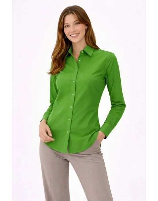 Uzun Kollu Gömlek Düğmeli Klasik Yaka Günlük Ve Ofis Şıklığına Uygun - Yeşil