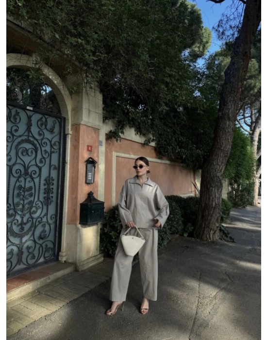 Uzun Kollu Yakalı Gömlek Pantalon Takım- Gri