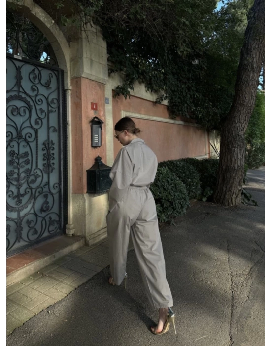 Uzun Kollu Yakalı Gömlek Pantalon Takım- Gri