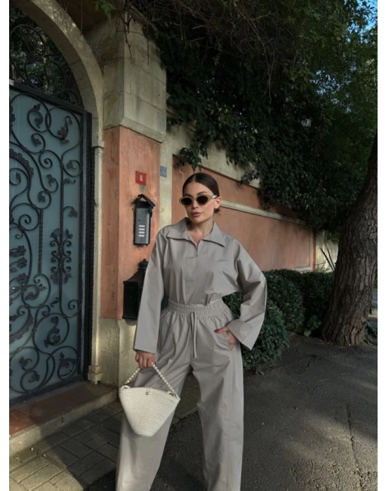Uzun Kollu Yakalı Gömlek Pantalon Takım- Gri