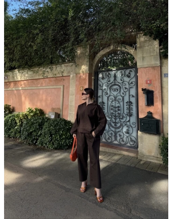 Uzun Kollu Yakalı Gömlek Pantalon Takım- Kahverengi
