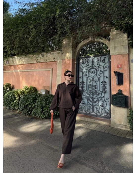 Uzun Kollu Yakalı Gömlek Pantalon Takım- Kahverengi