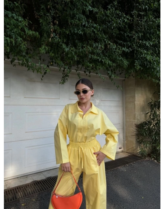 Uzun Kollu Yakalı Gömlek Pantalon Takım- Sarı