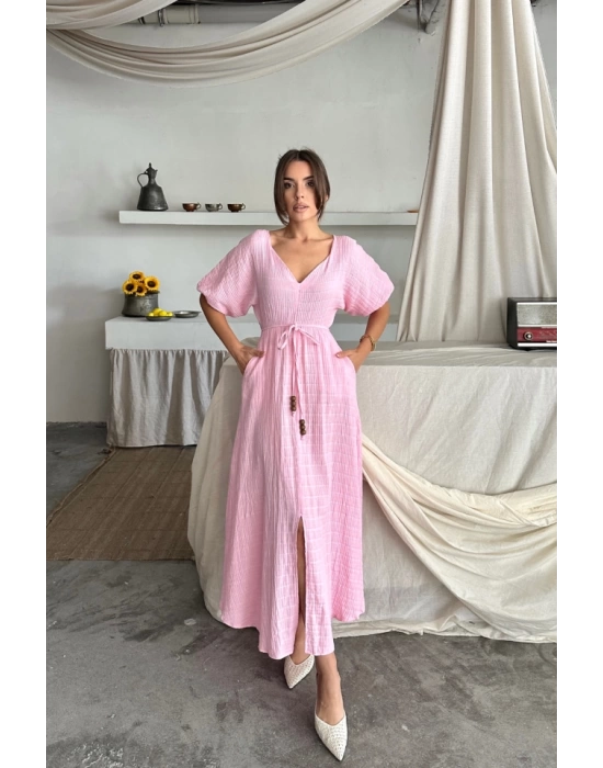 V YAKA BEL BONCUK BAĞLAMALI MÜSLİN ELBİSE YIRTMAÇ DETAYLI - Pembe