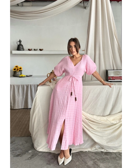 V YAKA BEL BONCUK BAĞLAMALI MÜSLİN ELBİSE YIRTMAÇ DETAYLI - Pembe