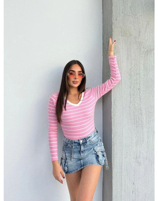 V yaka çizgili bluz pembe A3699