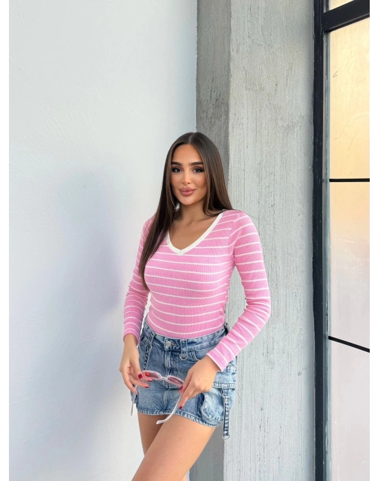 V yaka çizgili bluz pembe A3699