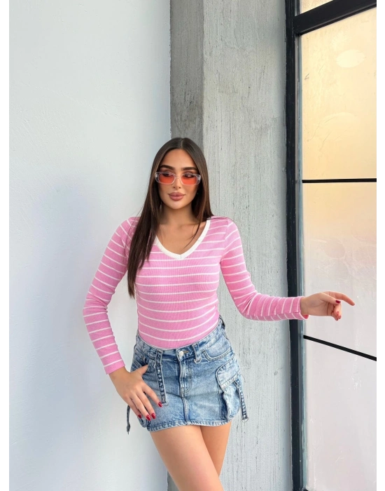 V yaka çizgili bluz pembe A3699