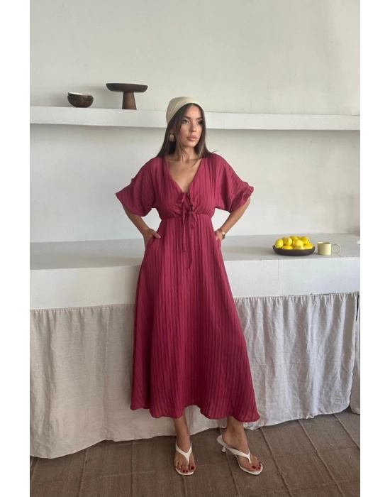 V YAKA DÖKÜMLÜ ELBİSE - Pembe