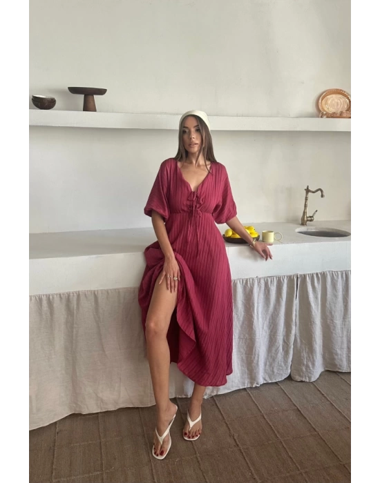 V YAKA DÖKÜMLÜ ELBİSE - Pembe