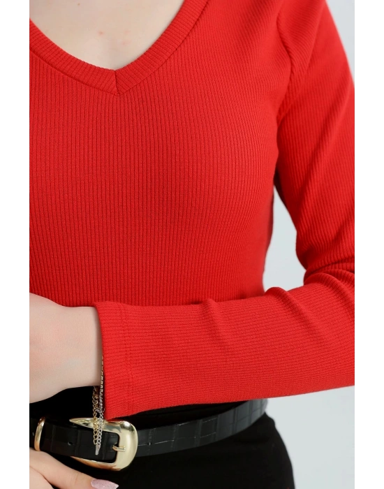 V yaka kaşkorse bluz kırmızı a3699