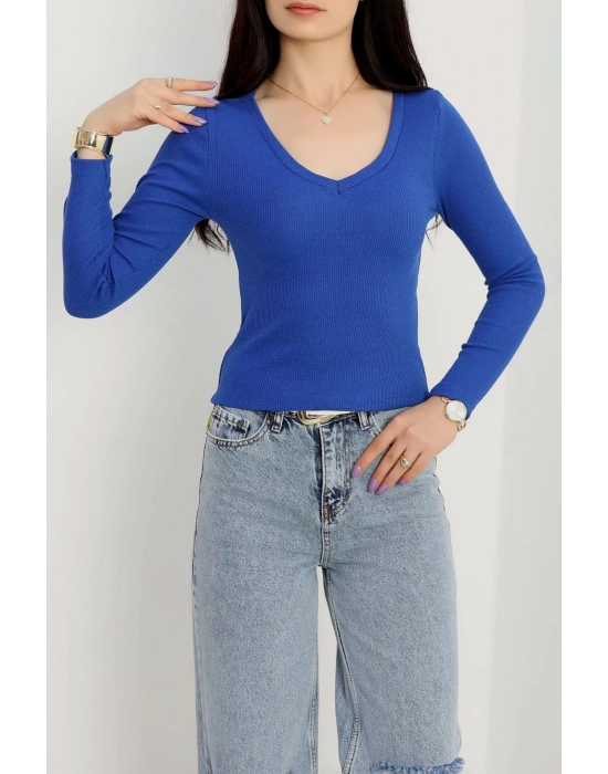 V yaka kaşkorse bluz saks mavisi a3699