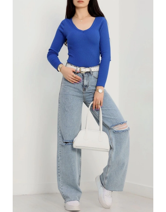 V yaka kaşkorse bluz saks mavisi a3699