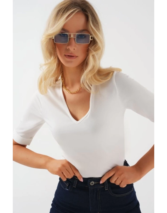 V Yaka Kısa Kol Basic Bluz 955 - Beyaz