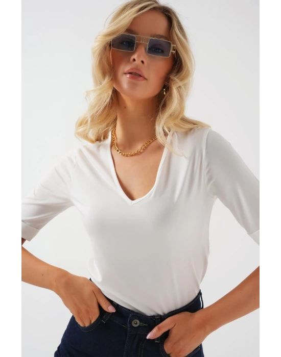 V Yaka Kısa Kol Basic Bluz 955 - Beyaz