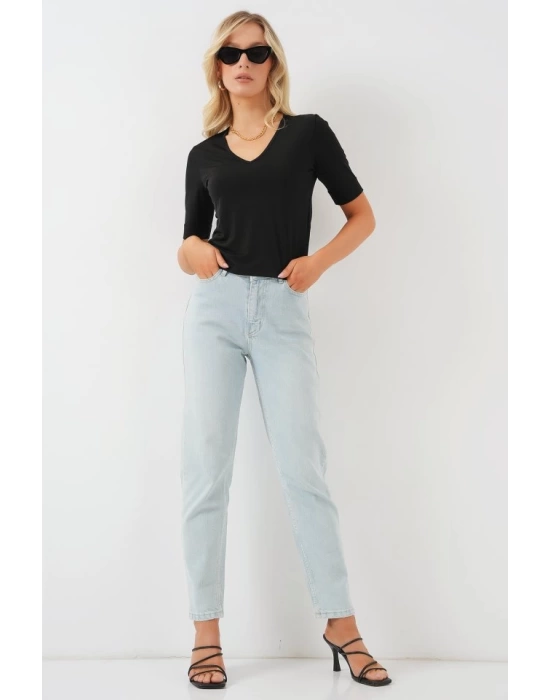 V Yaka Kısa Kol Basic Bluz 955 - Siyah