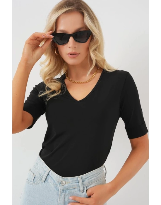 V Yaka Kısa Kol Basic Bluz 955 - Siyah