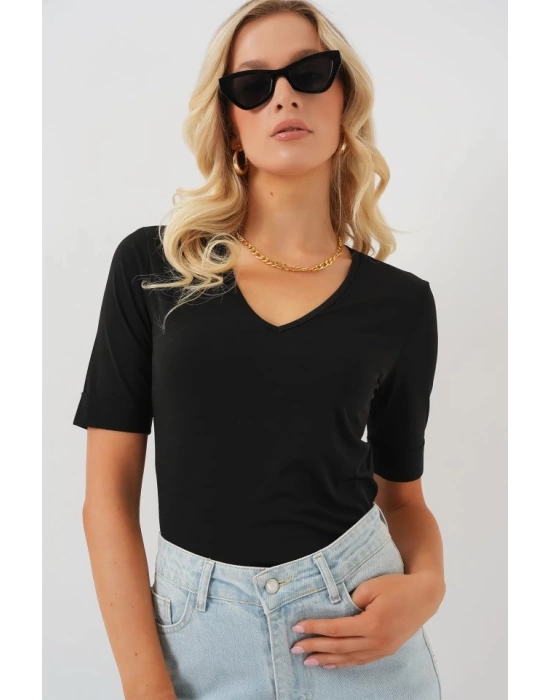 V Yaka Kısa Kol Basic Bluz 955 - Siyah