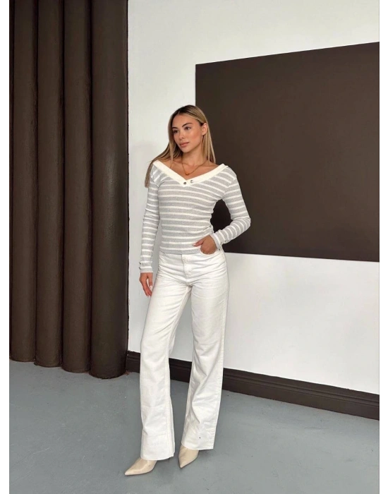 V yaka kol ve yaka düğmeli bluz gribeyaz A4047