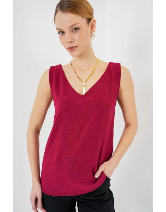 V Yaka Sıfır Kol Bluz 950 - Bordo