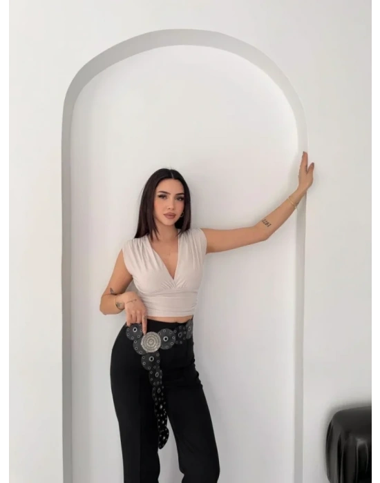 Vatkalı Kolsuz V Yaka Drapeli Crop Bluz Likralı Fit - Boyalı Gri