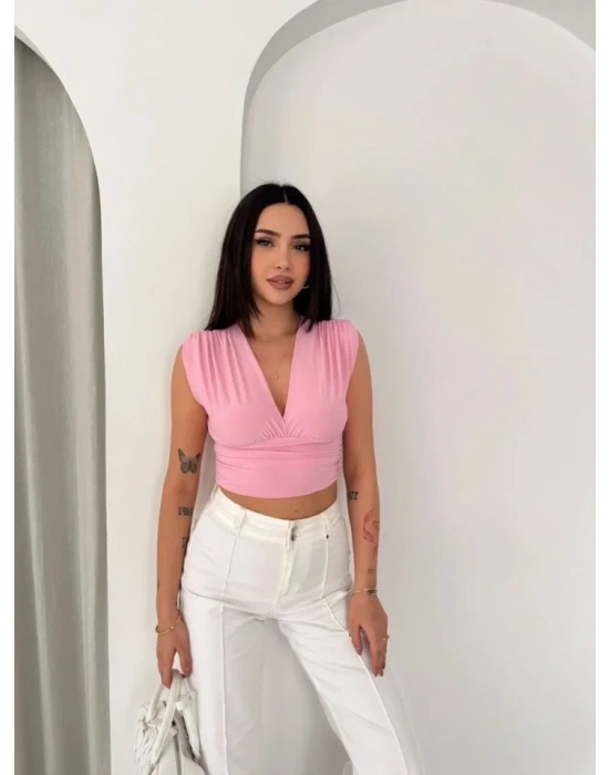 Vatkalı Kolsuz V Yaka Drapeli Crop Bluz Likralı Fit - Pembe
