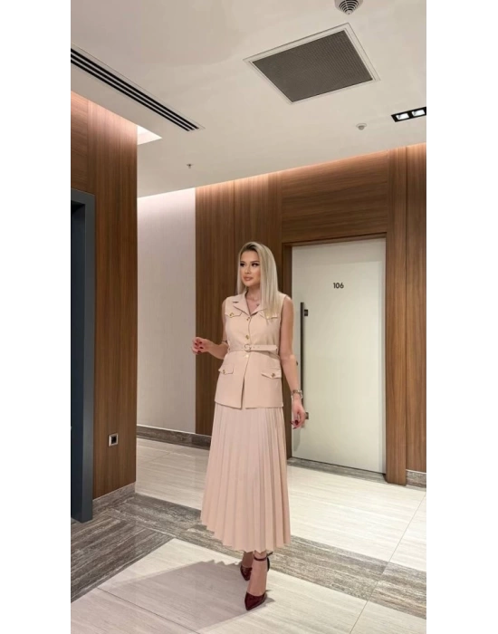 Vatkalı Yelek Etek İkili Takım