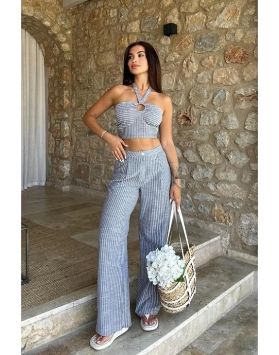 Vesna Keten Çizgili Crop Takım 9806-0025