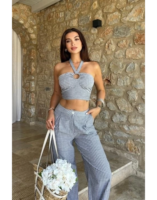 Vesna Keten Çizgili Crop Takım 9806-0025