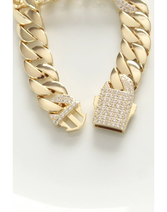 Vip Seri Pirinç Ortası Zirkon Taşlı Gold Renk Gurmet Bileklik