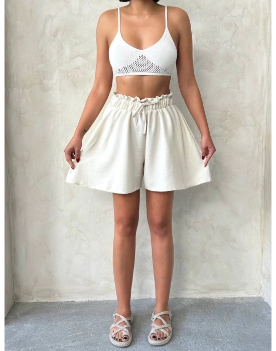 Volanlı keten şort bej s255058