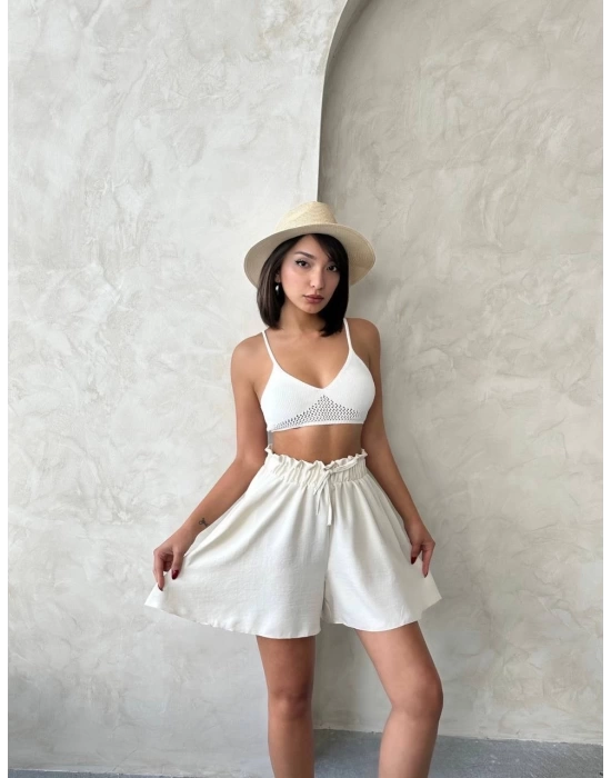 Volanlı keten şort bej s255058