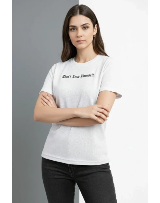 Wafıl Kumaş Tişört Regular Kalıp Bisiklet Yaka Baskılı Günlük Basic T-Shirt - Beyaz
