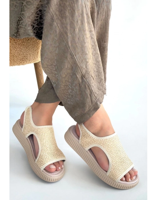 Wayi Bej Hasır Cilt Sandalet