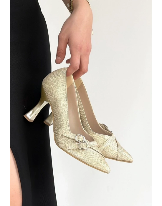 Wenda Gold Simli Cilt Topuklu Ayakkabı