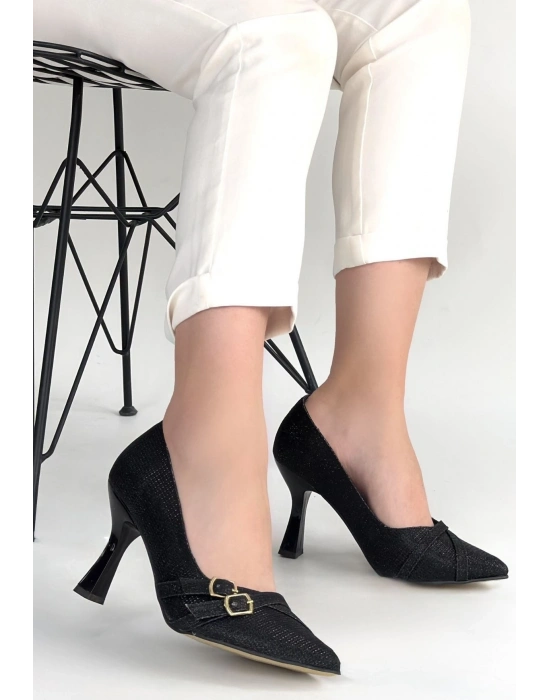 Wenda Siyah Simli Cilt Topuklu Ayakkabı