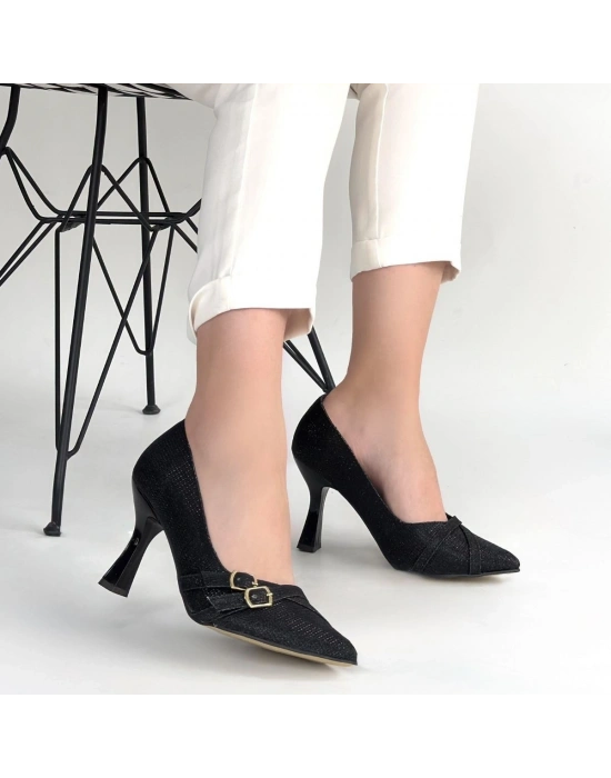 Wenda Siyah Simli Cilt Topuklu Ayakkabı