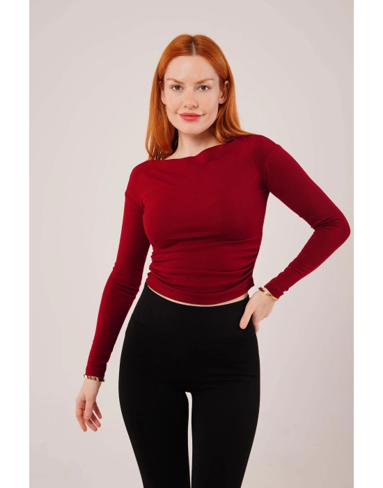 Yaka Detay Uzun Kollu Basic Bordo Bluz