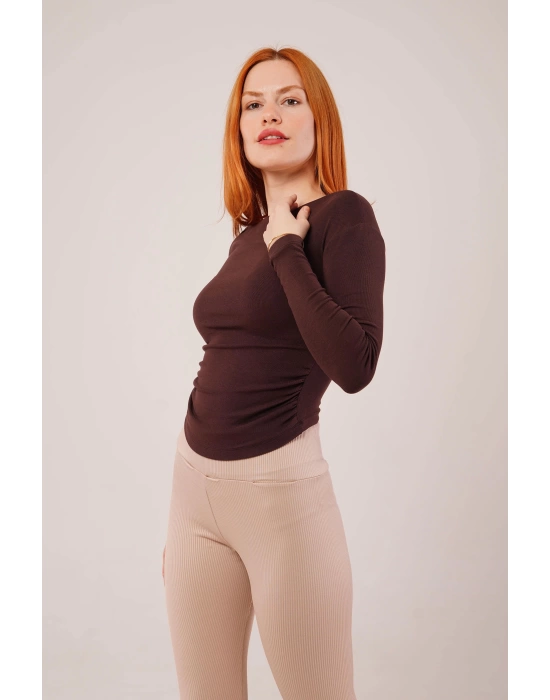Yaka Detay Uzun Kollu Basic Kahverengi Bluz