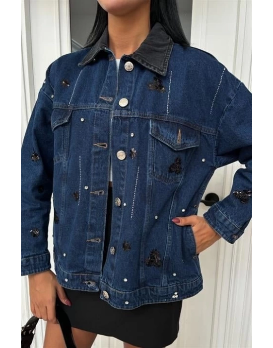 Yaka Siyah Garni Pul Payet Taşlı Oversize Denim Ceket 6125