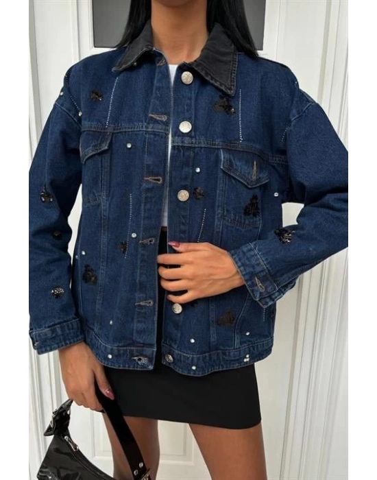 Yaka Siyah Garni Pul Payet Taşlı Oversize Denim Ceket 6125