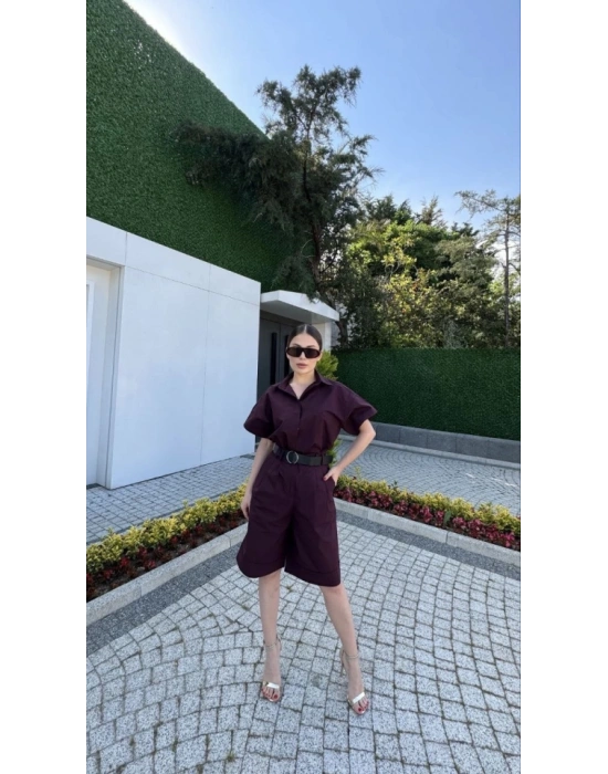Yakalı Gömlek Kemerli Şortlu Takım - Bordo