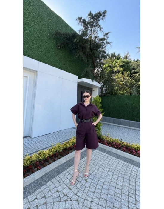 Yakalı Gömlek Kemerli Şortlu Takım - Bordo