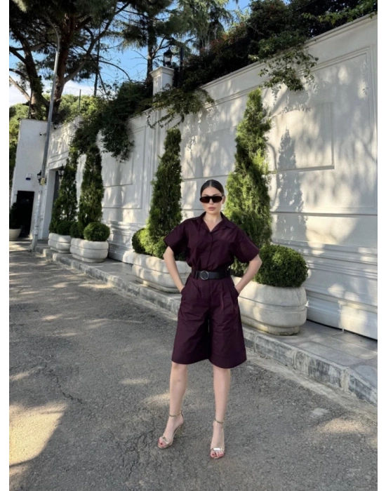 Yakalı Gömlek Kemerli Şortlu Takım - Bordo