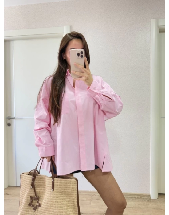 Yakalı Yandan Yırtmaçlı Gömlek - Pembe