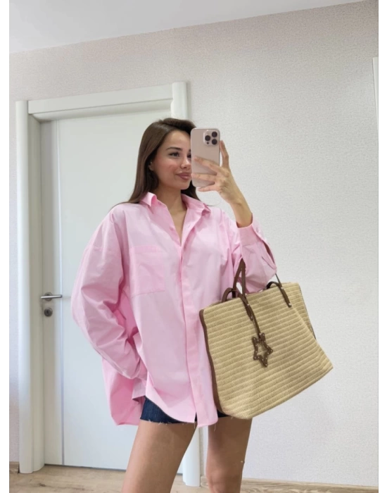 Yakalı Yandan Yırtmaçlı Gömlek - Pembe