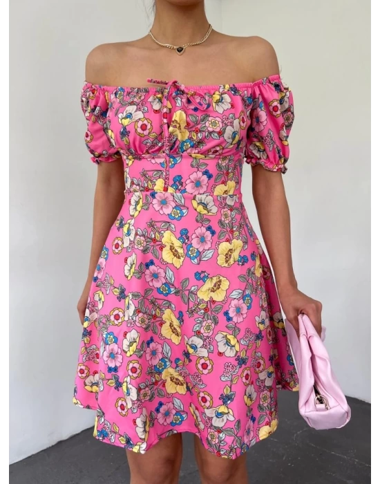 Yakası Lastikli Bağcık Detaylı Mini Elbise -Pembe